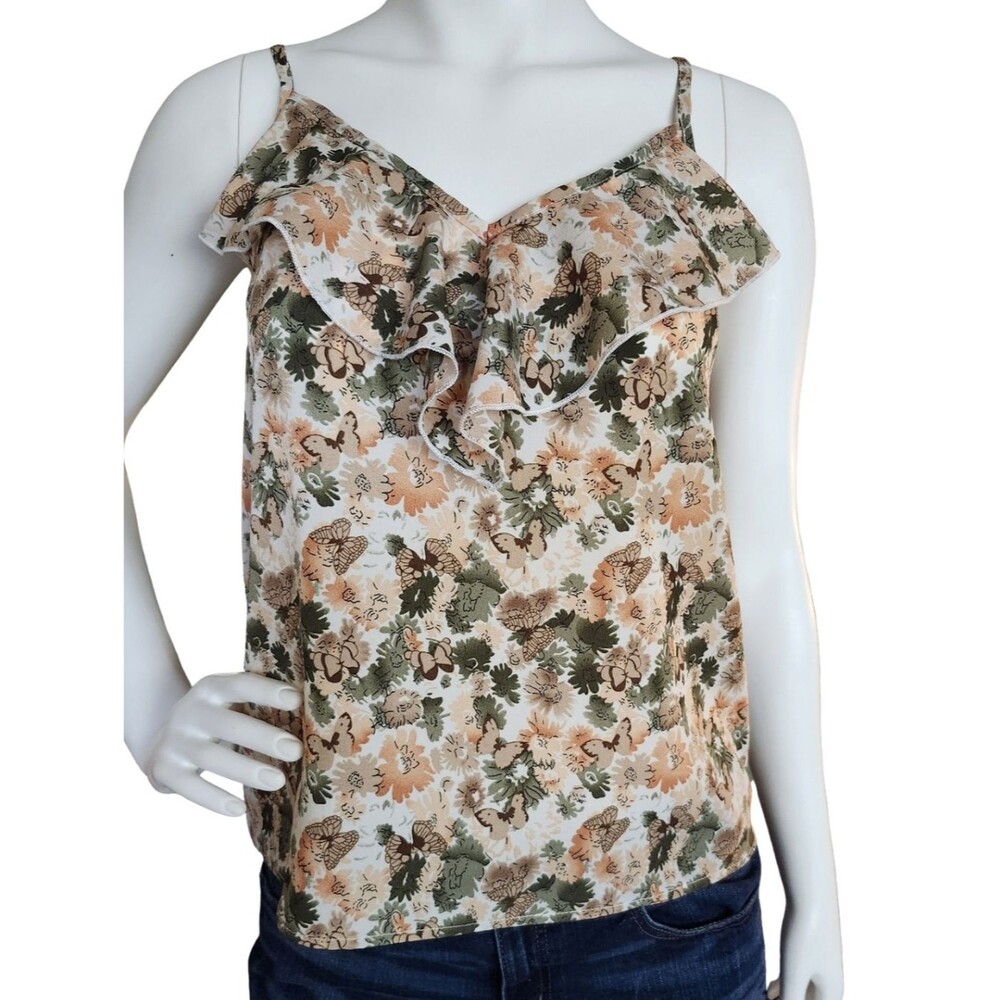 Ruffle V-Neck Floral Cami Top - Beige & Green